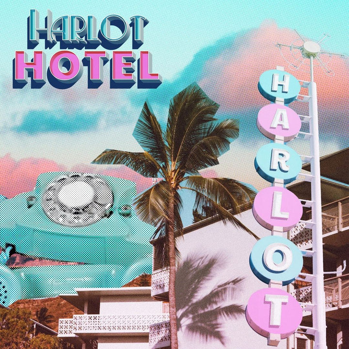 Harlot Hotel montage graphic with telephone palm tree and hotel sign